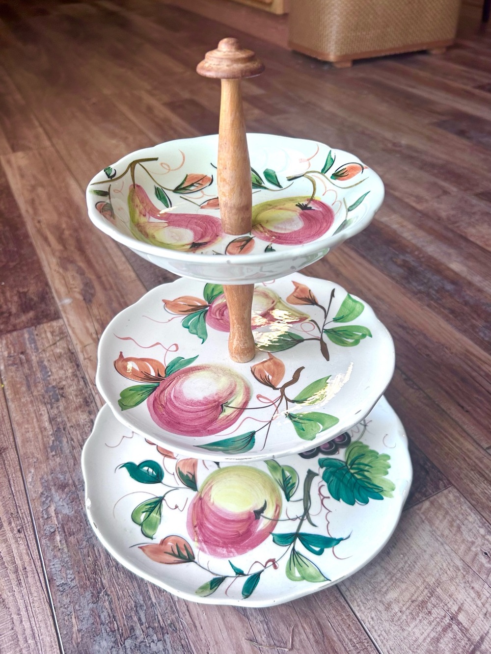 Vintage MCM Italian Hand Painted 3 Tier Ceramic Serving Stand 12" Farmhouse Deco